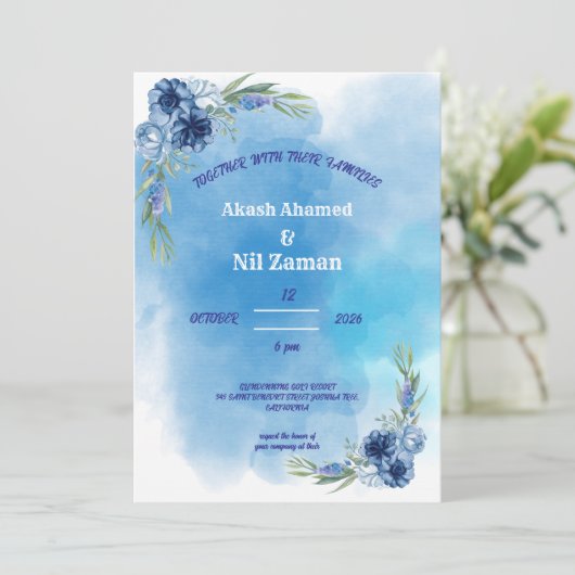 Einladung zur Hochzeit in Blauer Flora (Stehend Vorderseite)