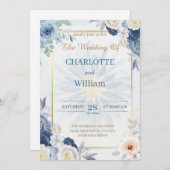 Einladung zur Hochzeit in Blauer und Gold 2024 (Vorne/Hinten)