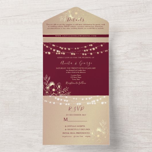 Einladung zur Hochzeit in Burgund Gold (Innen Boden)