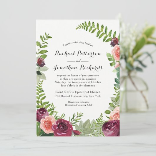 Einladung zur Hochzeit in Burgund Pink Fantasy (Stehend Vorderseite)