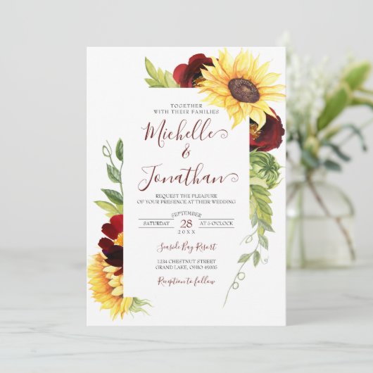 Einladung zur Hochzeit in Burgund Rose und Sonnenb (Stehend Vorderseite)