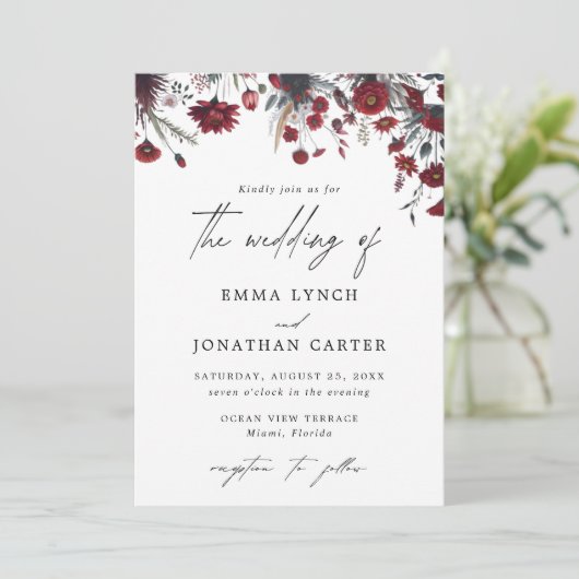 Einladung zur Hochzeit in Burgund Rote Flora (Stehend Vorderseite)
