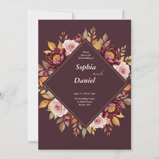 Einladung zur Hochzeit in Burgund und Blush (Vorderseite)