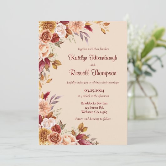 Einladung zur Hochzeit in Burgund und Rosa Fall (Stehend Vorderseite)