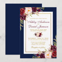Einladung zur Hochzeit in Burgundy Floral Blue