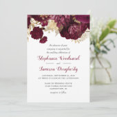 Einladung zur Hochzeit in Burgundy Gold Floral (Stehend Vorderseite)