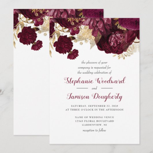 Einladung zur Hochzeit in Burgundy Gold Floral (Vorne/Hinten)