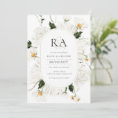 Einladung zur Hochzeit in der White Floral Monogra (Stehend Vorderseite)