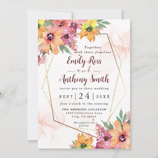 Einladung zur Hochzeit in Gelb, Orange und Rosa (Vorderseite)
