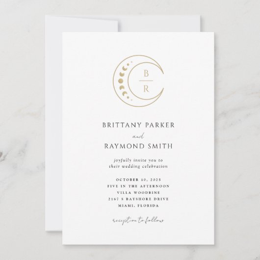 Einladung zur Hochzeit in Gold Monogram Celestial (Vorderseite)