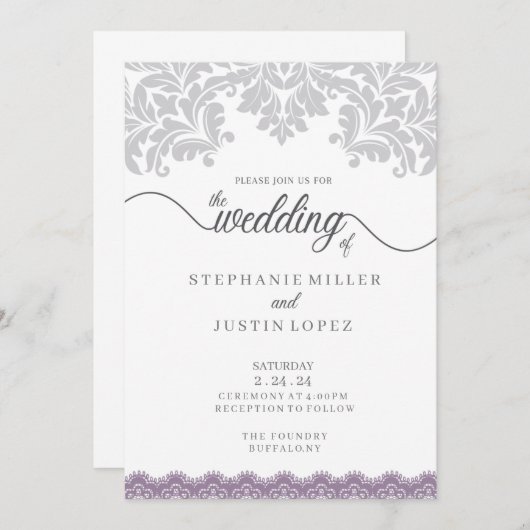 Einladung zur Hochzeit in Grau und Dusty Lila Scro (Vorne/Hinten)