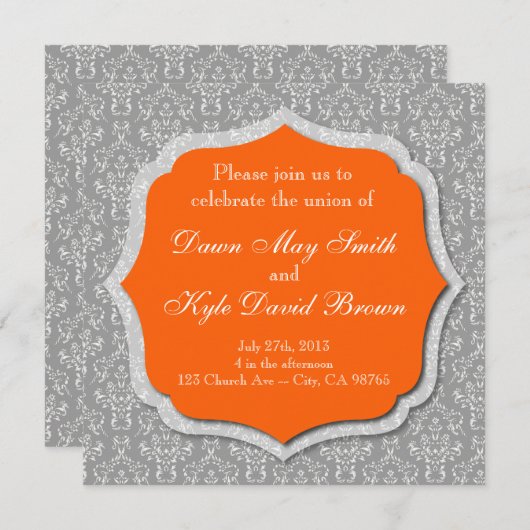 Einladung zur Hochzeit in Grau und Orange (Vorne/Hinten)