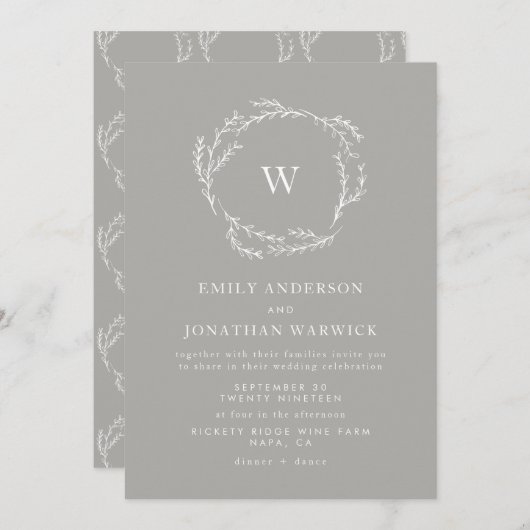 Einladung zur Hochzeit in Grau und Weiß (Vorne/Hinten)