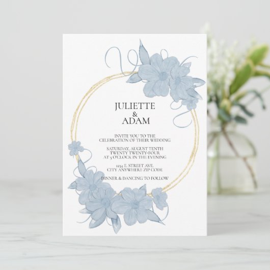 Einladung zur Hochzeit in hellblau und goldblütig (Stehend Vorderseite)