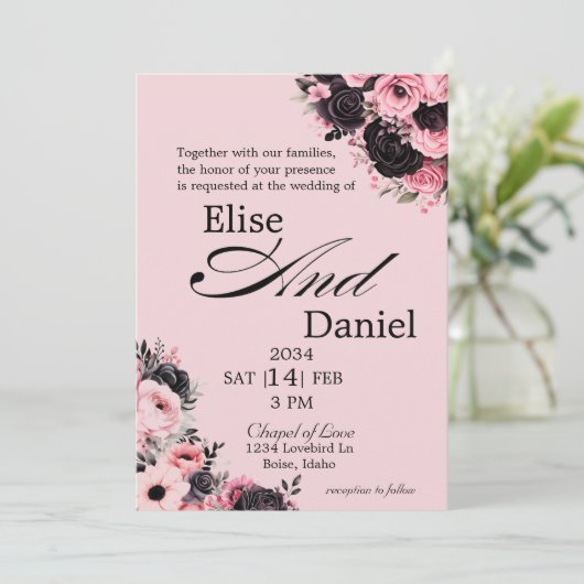 Einladung zur Hochzeit in hübschen Rosa und Schwar (Stehend Vorderseite)