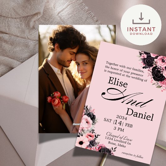 Einladung zur Hochzeit in hübschen Rosa und Schwar