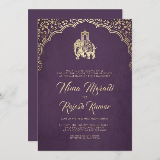 Einladung zur Hochzeit in Indien, Lila, Gold, Gane (Vorne/Hinten)
