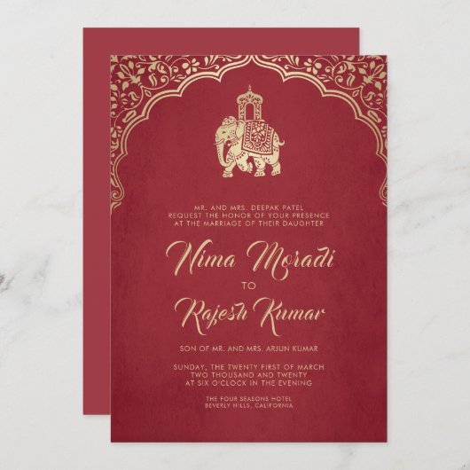 Einladung zur Hochzeit in Indien, Rot, Gold, Ganes (Vorne/Hinten)