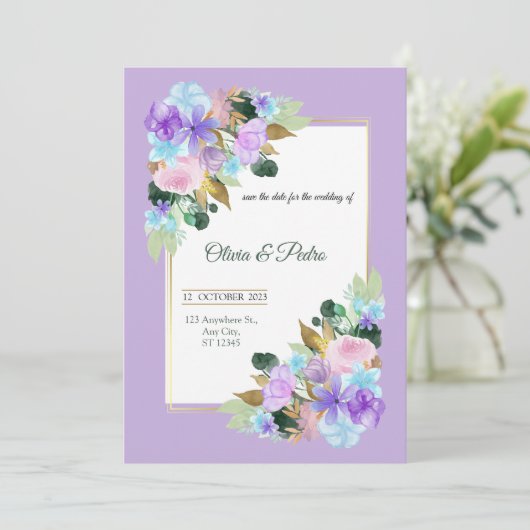 Einladung zur Hochzeit in Lavanderfarbe (Stehend Vorderseite)