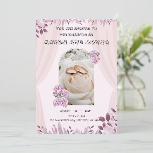 Einladung zur Hochzeit in lila rosa Farbe (Stehend Vorderseite)