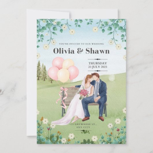 Einladung zur Hochzeit in Rosa und Grün (Vorderseite)