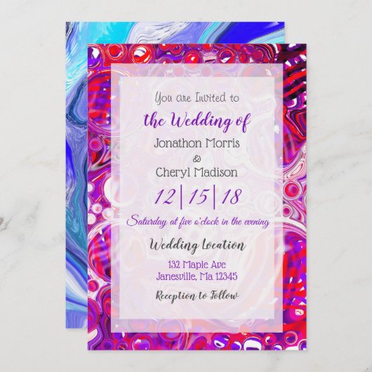 Einladung zur Hochzeit in Rot und Lila Fluid Art (Vorne/Hinten)