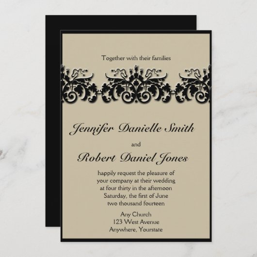 Einladung zur Hochzeit in Schwarz und Creme (Vorne/Hinten)
