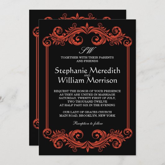 Einladung zur Hochzeit in Schwarz und Rot (Vorne/Hinten)