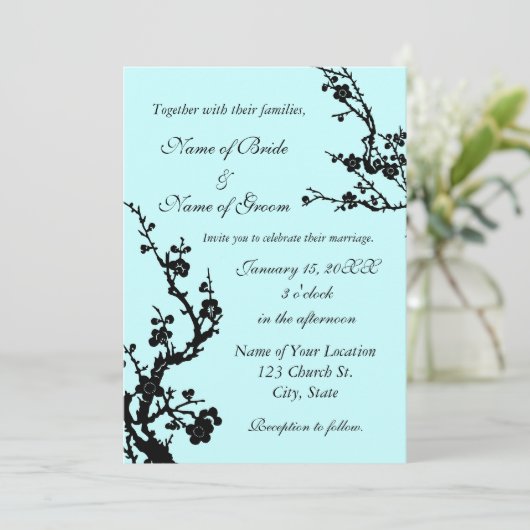 Einladung zur Hochzeit in Schwarz und Türkis (Stehend Vorderseite)