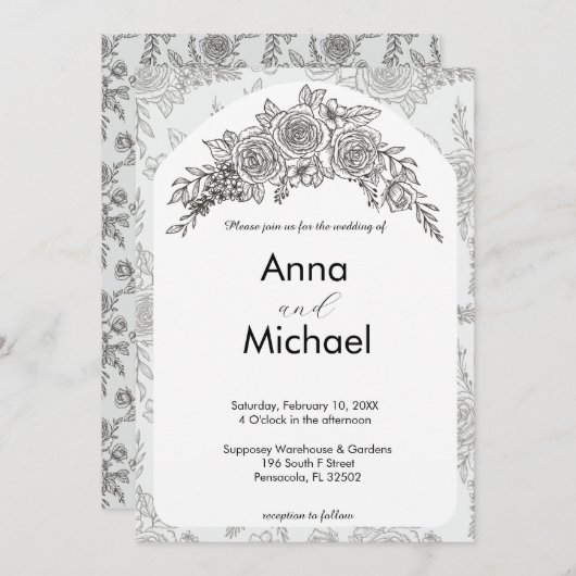 Einladung zur Hochzeit in Schwarz und Weiß (Vorne/Hinten)