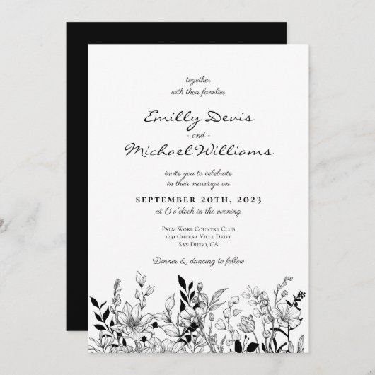 Einladung zur Hochzeit in Schwarz und Weiß (Vorne/Hinten)