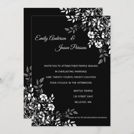 Einladung zur Hochzeit in Schwarz-Weiß-Flora (Vorne/Hinten)