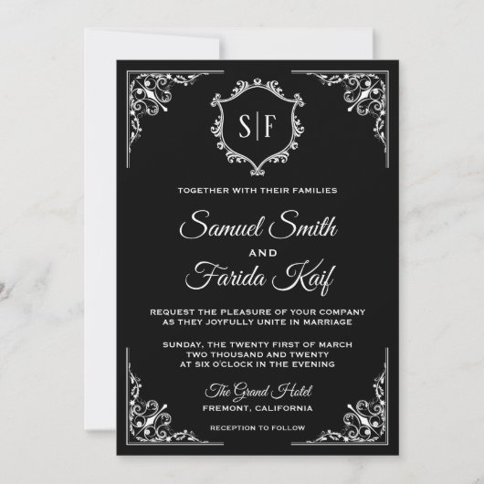 Einladung zur Hochzeit in Schwarz-Weiß-Monogramm (Vorderseite)