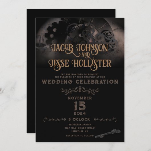 Einladung zur Hochzeit in Steampunk - Flachkarte (Vorne/Hinten)