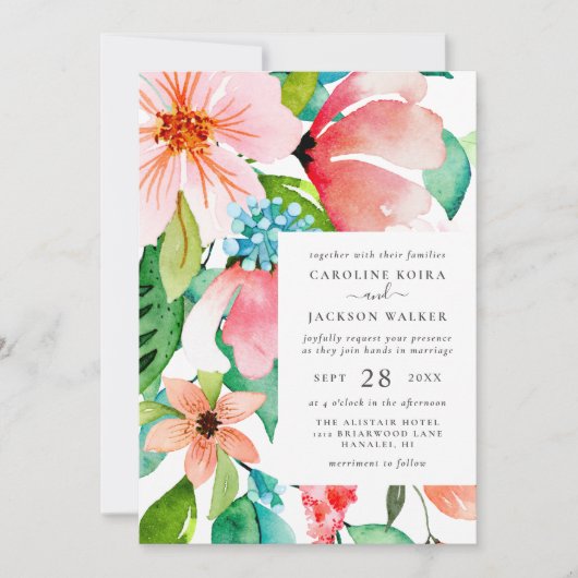 Einladung zur Hochzeit in tropischer Wasserfarbe (Vorderseite)