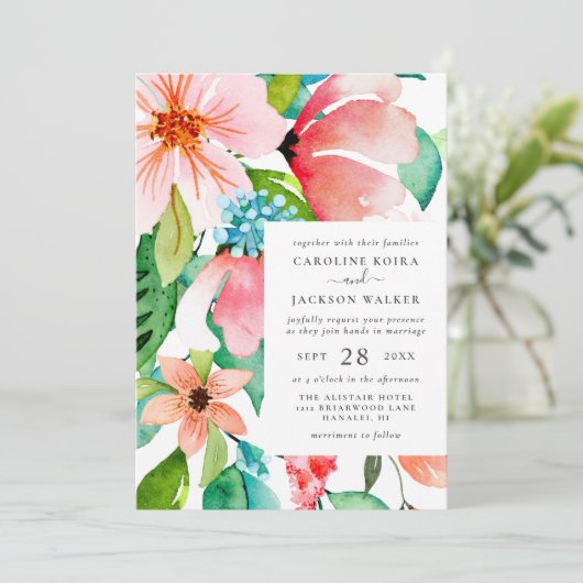 Einladung zur Hochzeit in tropischer Wasserfarbe (Stehend Vorderseite)