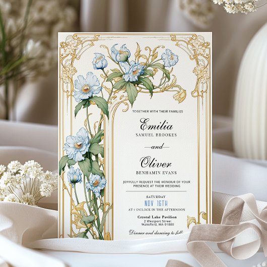 Einladung zur Hochzeit in Vintagem Blau und Gold