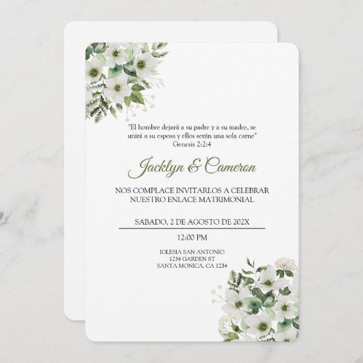 Einladung zur Hochzeit in Weiß und Grün (Vorne/Hinten)