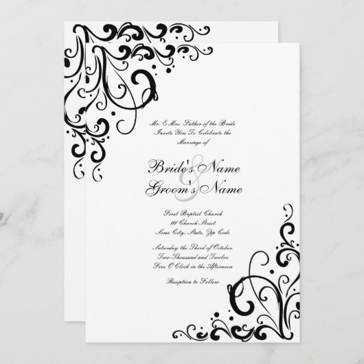 Einladung zur Hochzeit in Weiß und Schwarz (Vorne/Hinten)