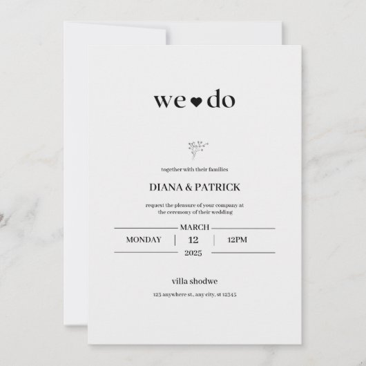 Einladung zur Hochzeit in Weiß und Schwarz (Vorderseite)