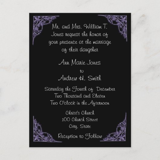 Einladung zur Hochzeit Lila Ecken Schwarze Postkar (Vorderseite)