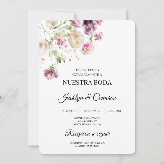 Einladung zur Hochzeit lila Spanischer Flora (Vorderseite)