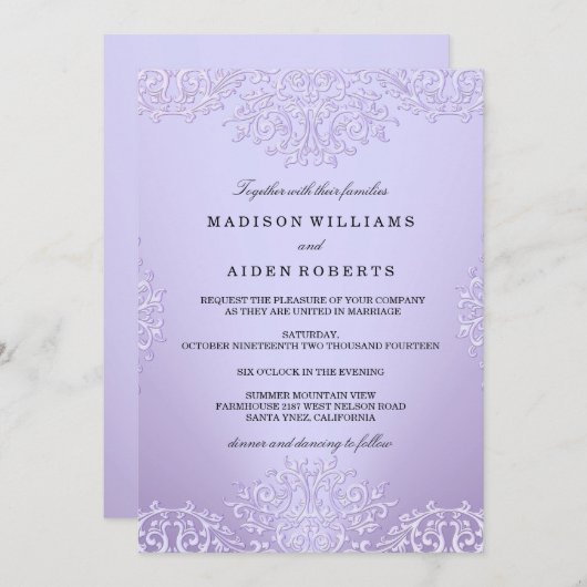 Einladung zur Hochzeit lila Vintager Damast (Vorne/Hinten)
