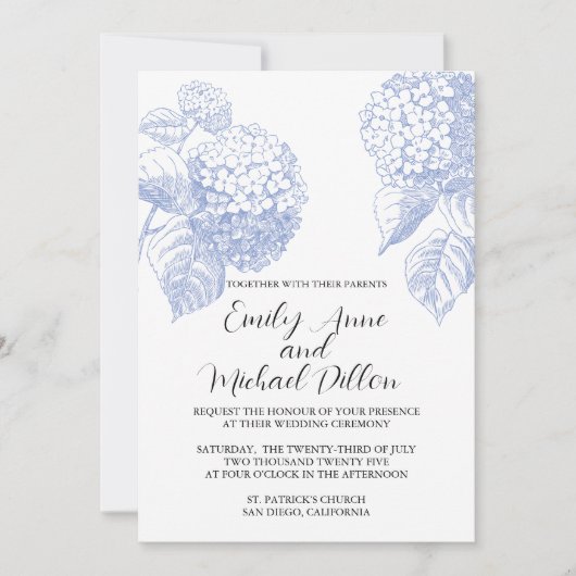 Einladung zur Hochzeit mit Blue Hydrangea (Vorderseite)