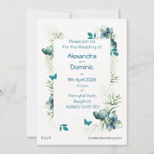 Einladung zur Hochzeit mit Blumenmotiv und Schmett (Vorderseite)