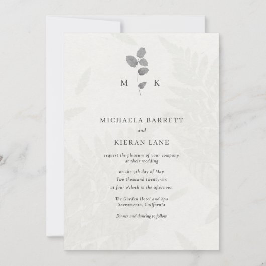 Einladung zur Hochzeit mit botanischem Leaf-Grau (Vorderseite)