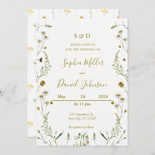 Einladung zur Hochzeit mit Daisies - Elegantes Blu (Vorne/Hinten)