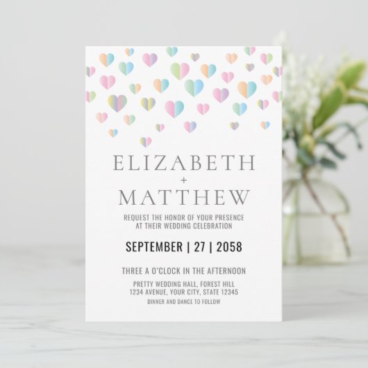 Einladung zur Hochzeit mit farbenfrohen Herzen Ele (Stehend Vorderseite)