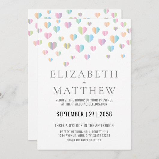 Einladung zur Hochzeit mit farbenfrohen Herzen Ele (Vorne/Hinten)