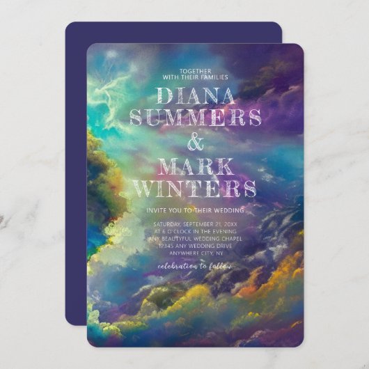 Einladung zur Hochzeit mit herrlichen lila Wolken (Vorne/Hinten)